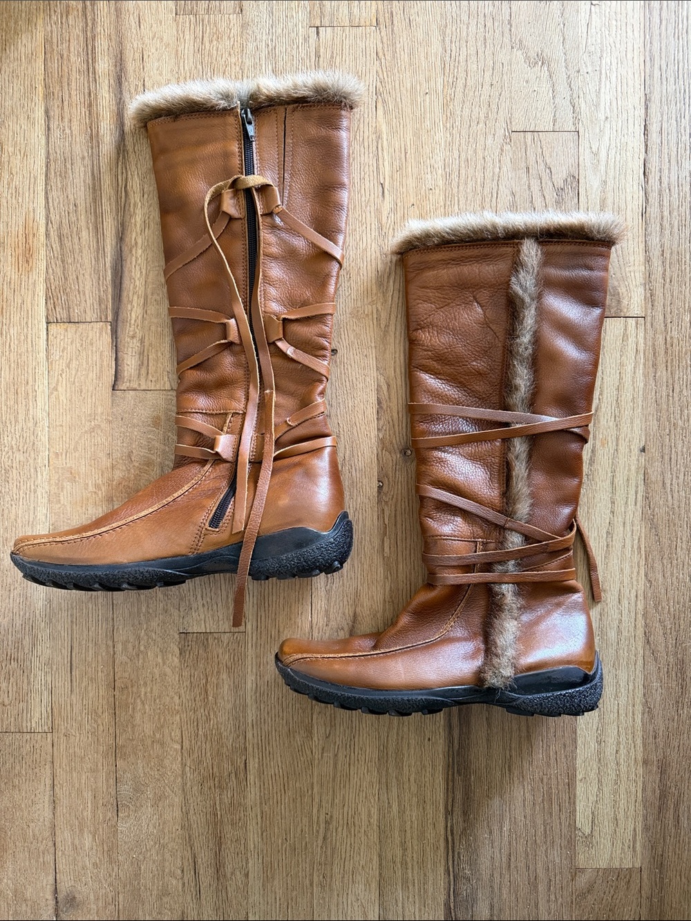 VTG Y2K 90s Elle Brown Leather Fur-Trim Knee-High Wrap Boots Size 38 (US 7.5-8)